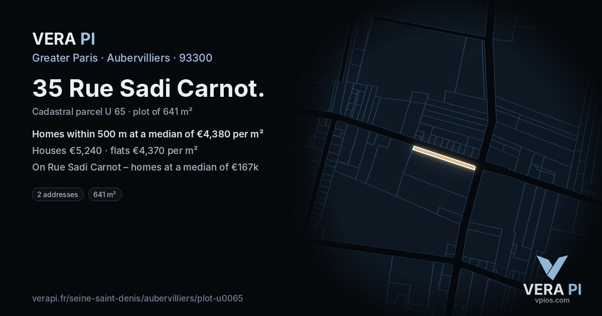 35 Rue Sadi Carnot, Aubervilliers at night – the plot lit, the parcels around coloured by the prices near them