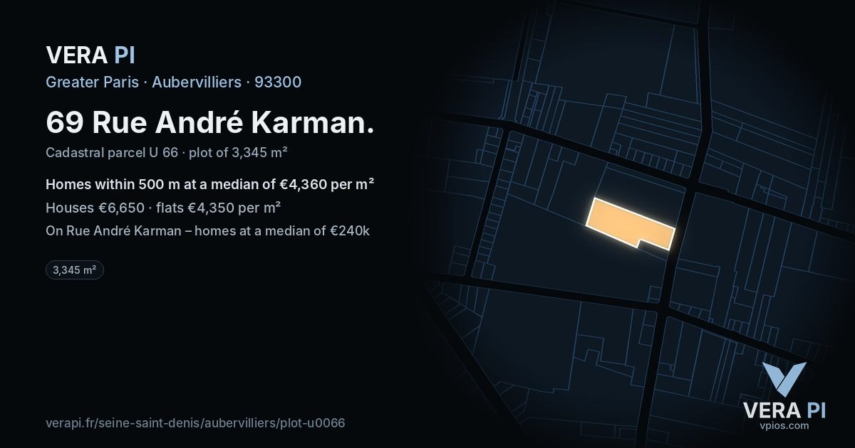 69 Rue André Karman, Aubervilliers at night – the plot lit, the parcels around coloured by the prices near them