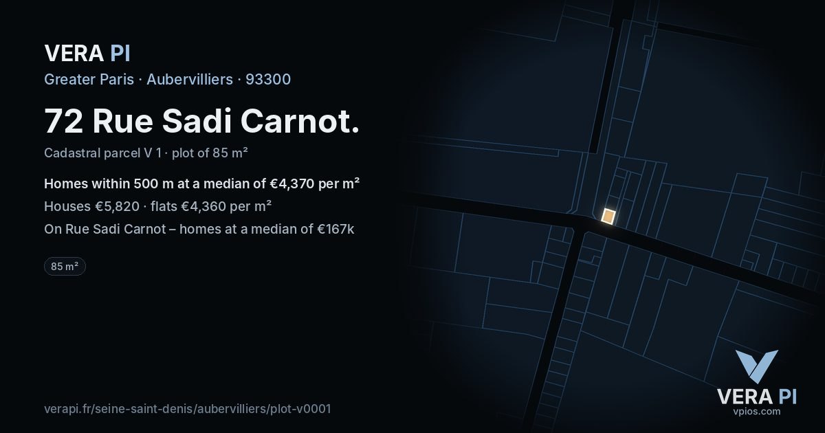 72 Rue Sadi Carnot, Aubervilliers at night – the plot lit, the parcels around coloured by the prices near them