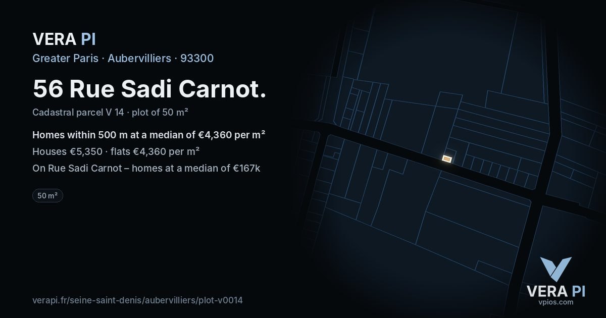 56 Rue Sadi Carnot, Aubervilliers at night – the plot lit, the parcels around coloured by the prices near them