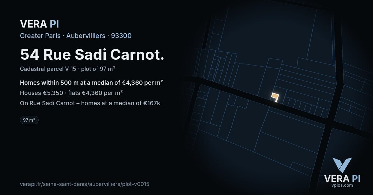54 Rue Sadi Carnot, Aubervilliers at night – the plot lit, the parcels around coloured by the prices near them