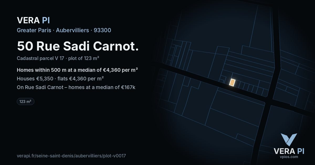 50 Rue Sadi Carnot, Aubervilliers at night – the plot lit, the parcels around coloured by the prices near them