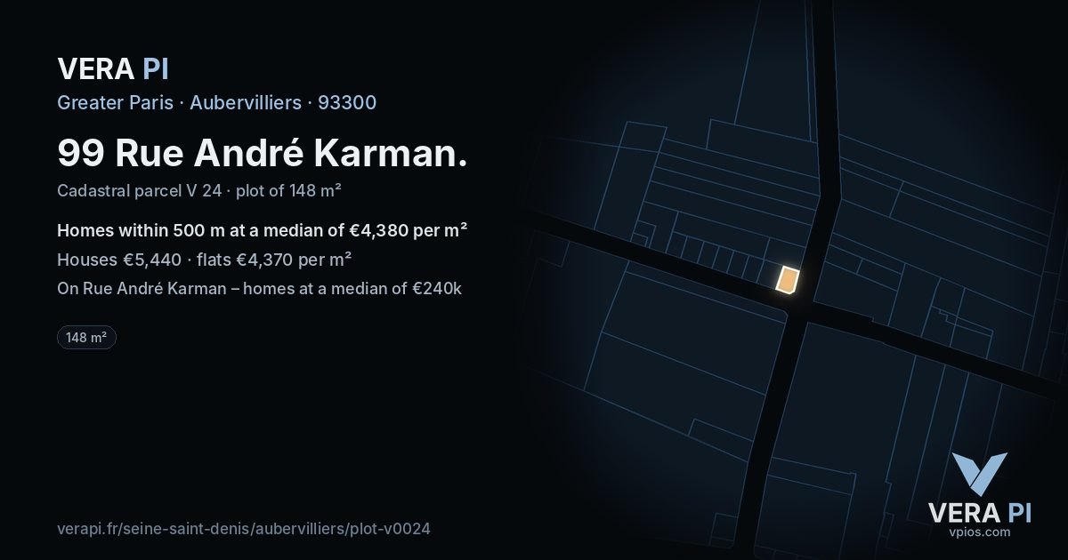 99 Rue André Karman, Aubervilliers at night – the plot lit, the parcels around coloured by the prices near them