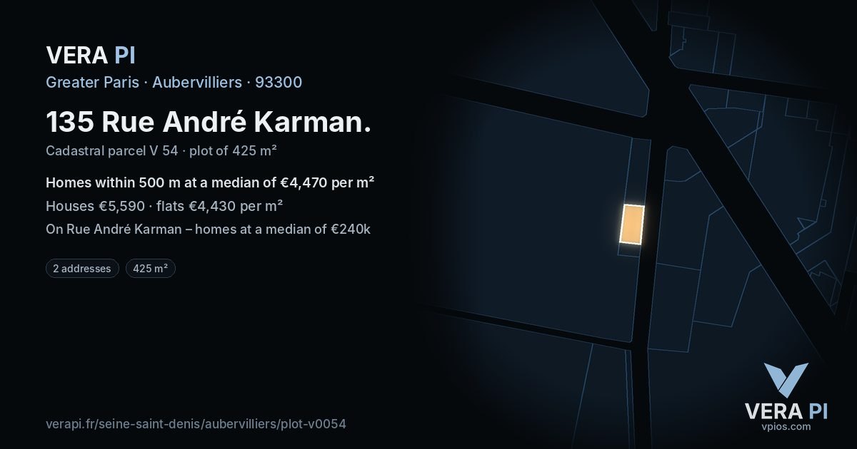 135 Rue André Karman, Aubervilliers at night – the plot lit, the parcels around coloured by the prices near them