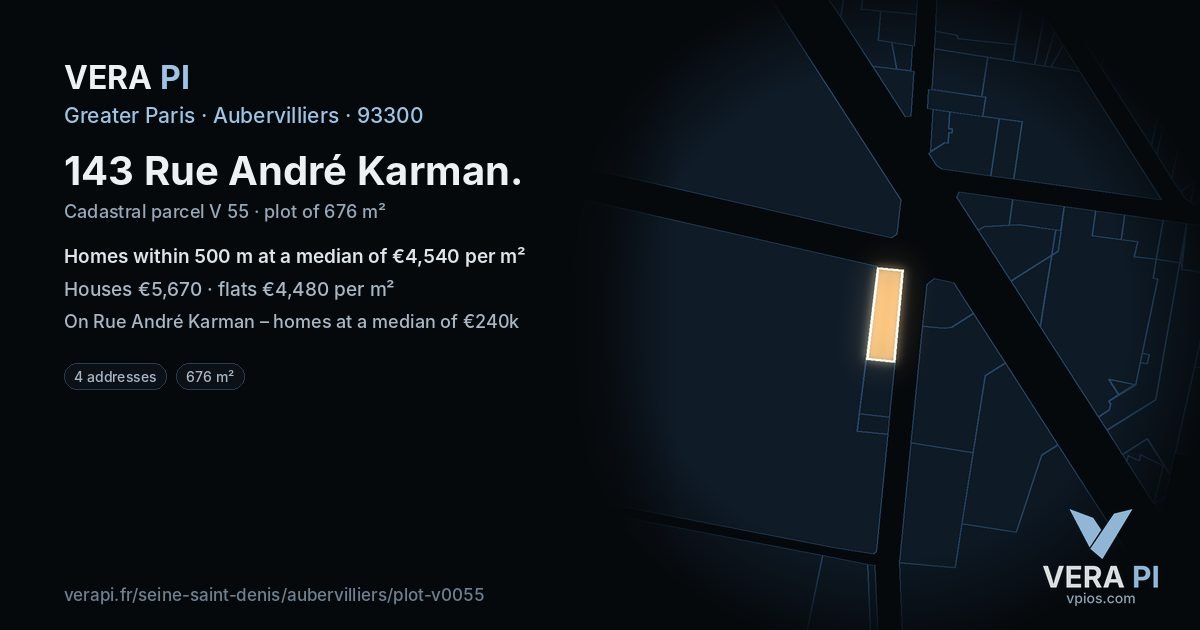 143 Rue André Karman, Aubervilliers at night – the plot lit, the parcels around coloured by the prices near them