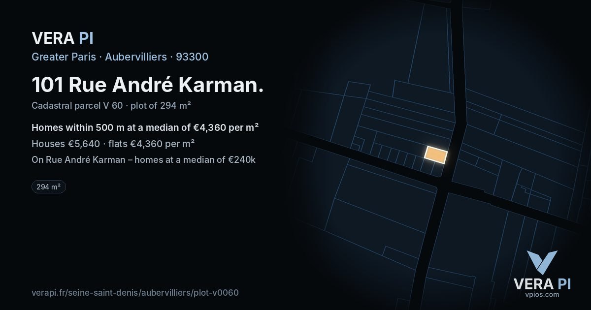 101 Rue André Karman, Aubervilliers at night – the plot lit, the parcels around coloured by the prices near them