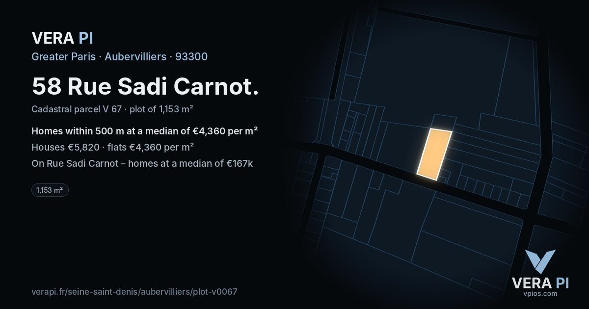 58 Rue Sadi Carnot, Aubervilliers at night – the plot lit, the parcels around coloured by the prices near them