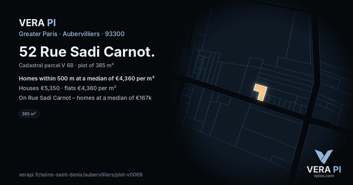 52 Rue Sadi Carnot, Aubervilliers at night – the plot lit, the parcels around coloured by the prices near them