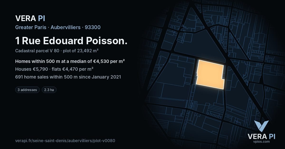 1 Rue Edouard Poisson, Aubervilliers at night – the plot lit, the parcels around coloured by the prices near them