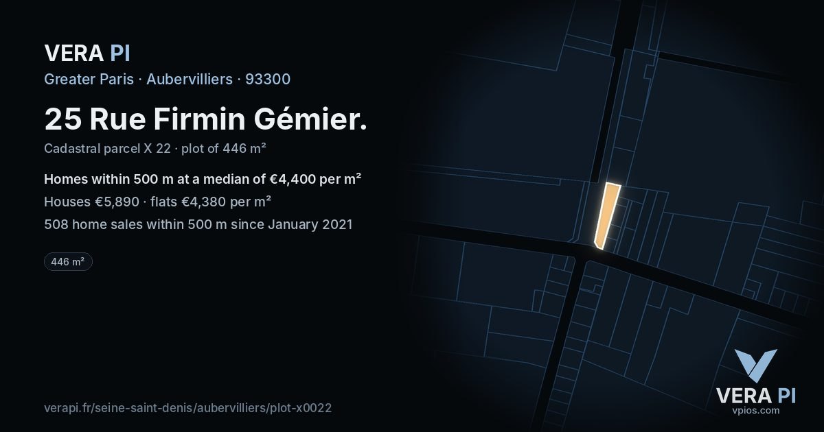 25 Rue Firmin Gémier, Aubervilliers at night – the plot lit, the parcels around coloured by the prices near them
