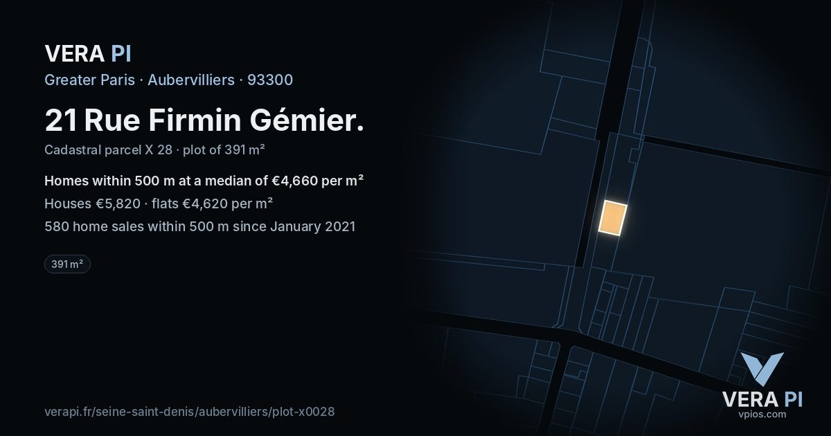 21 Rue Firmin Gémier, Aubervilliers at night – the plot lit, the parcels around coloured by the prices near them