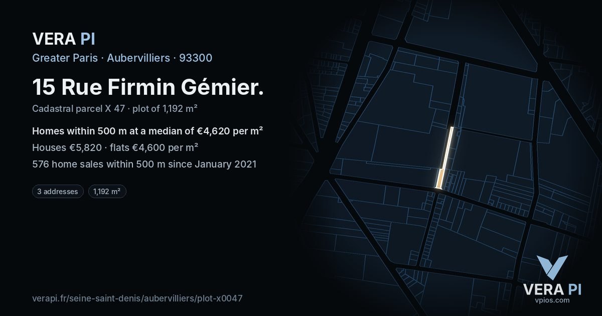 15 Rue Firmin Gémier, Aubervilliers at night – the plot lit, the parcels around coloured by the prices near them
