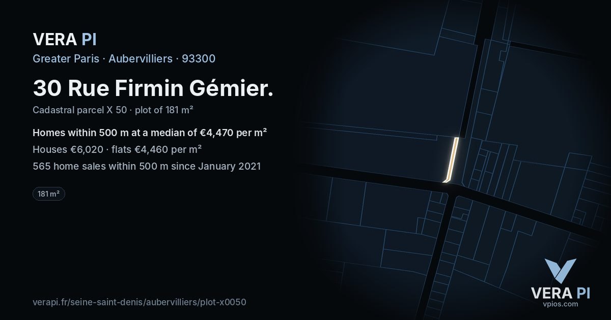 30 Rue Firmin Gémier, Aubervilliers at night – the plot lit, the parcels around coloured by the prices near them