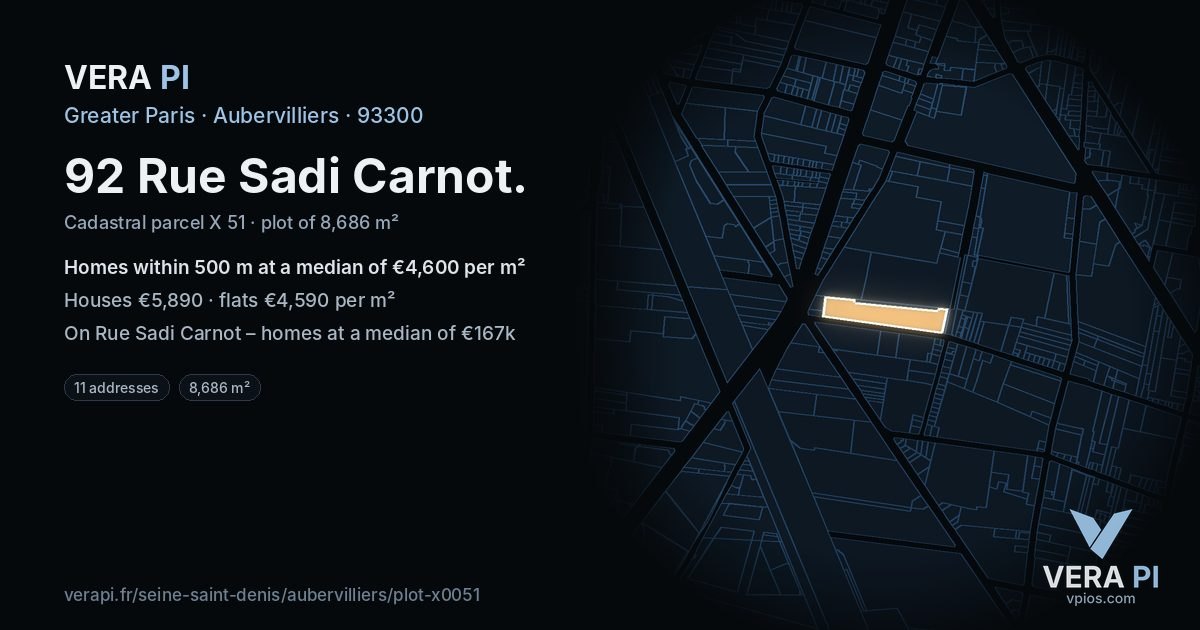 92 Rue Sadi Carnot, Aubervilliers at night – the plot lit, the parcels around coloured by the prices near them