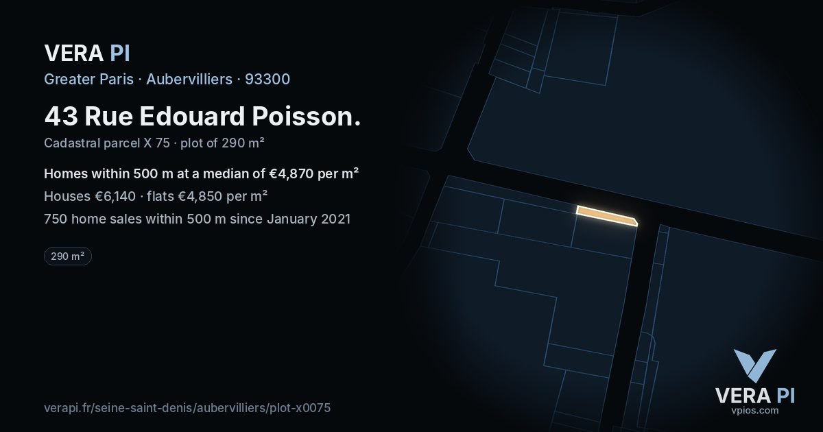 43 Rue Edouard Poisson, Aubervilliers at night – the plot lit, the parcels around coloured by the prices near them