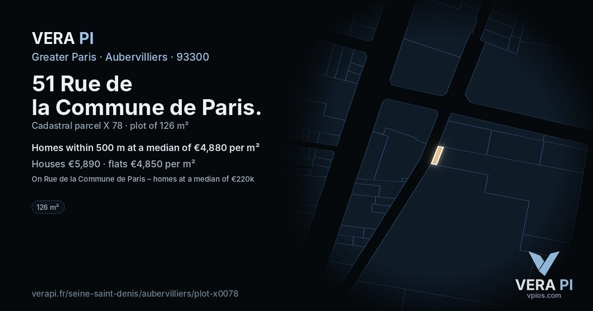 51 Rue de la Commune de Paris, Aubervilliers at night – the plot lit, the parcels around coloured by the prices near them