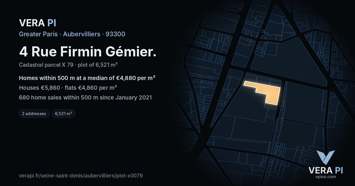 4 Rue Firmin Gémier, Aubervilliers at night – the plot lit, the parcels around coloured by the prices near them