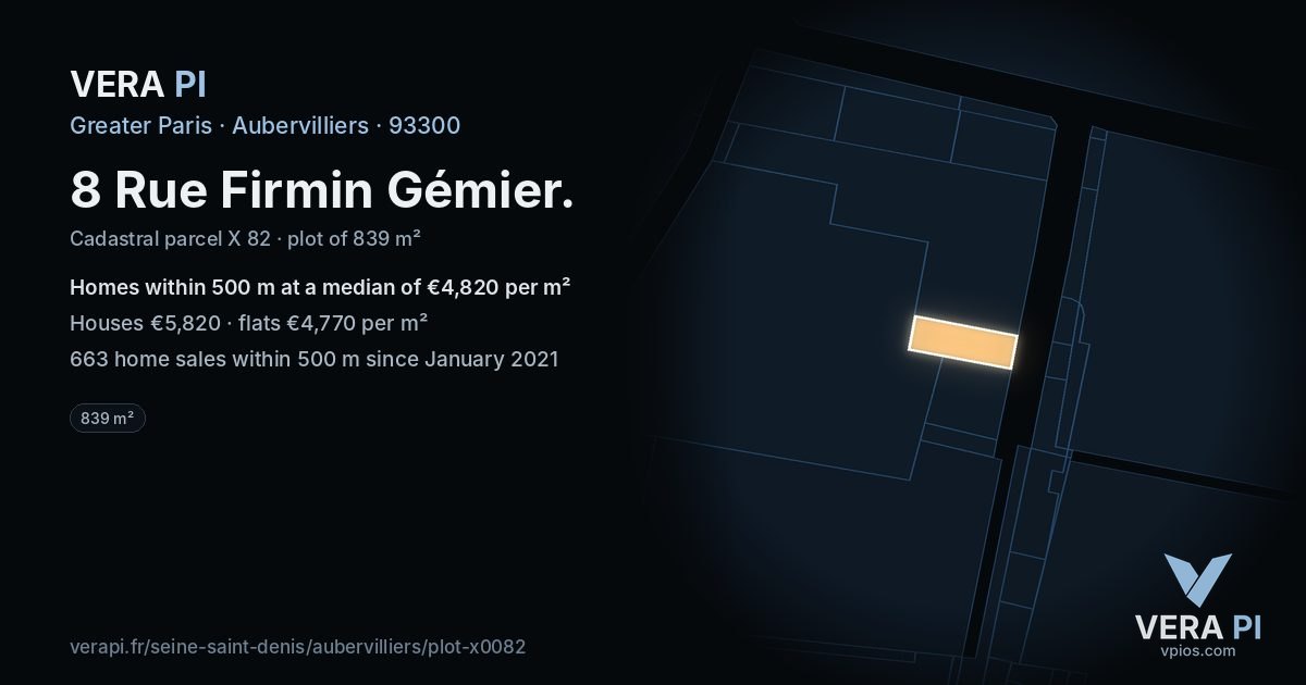 8 Rue Firmin Gémier, Aubervilliers at night – the plot lit, the parcels around coloured by the prices near them