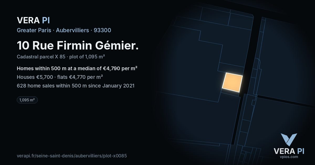 10 Rue Firmin Gémier, Aubervilliers at night – the plot lit, the parcels around coloured by the prices near them