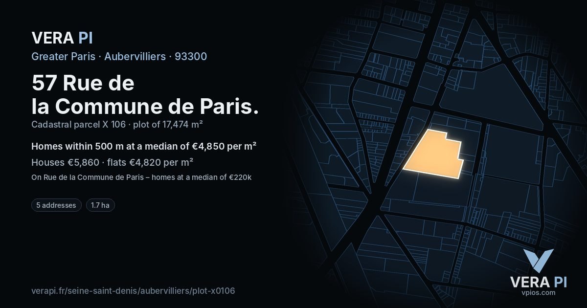 57 Rue de la Commune de Paris, Aubervilliers at night – the plot lit, the parcels around coloured by the prices near them