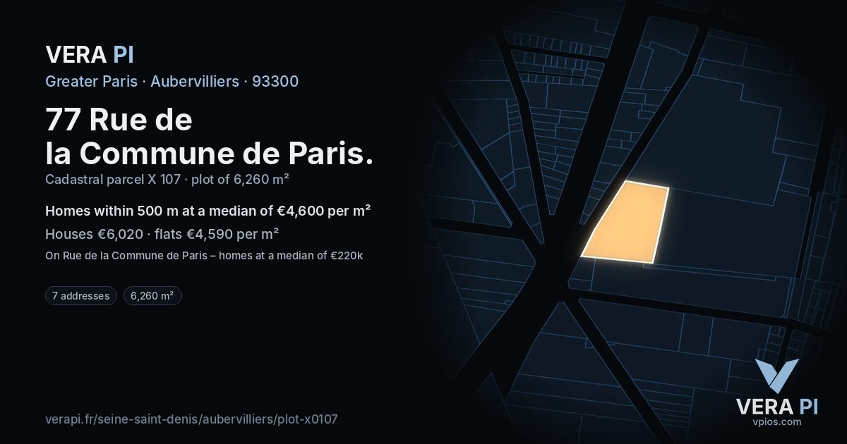 77 Rue de la Commune de Paris, Aubervilliers at night – the plot lit, the parcels around coloured by the prices near them