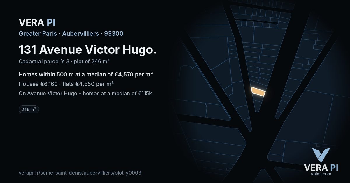 131 Avenue Victor Hugo, Aubervilliers at night – the plot lit, the parcels around coloured by the prices near them