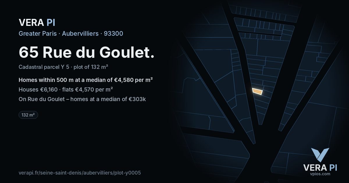 65 Rue du Goulet, Aubervilliers at night – the plot lit, the parcels around coloured by the prices near them