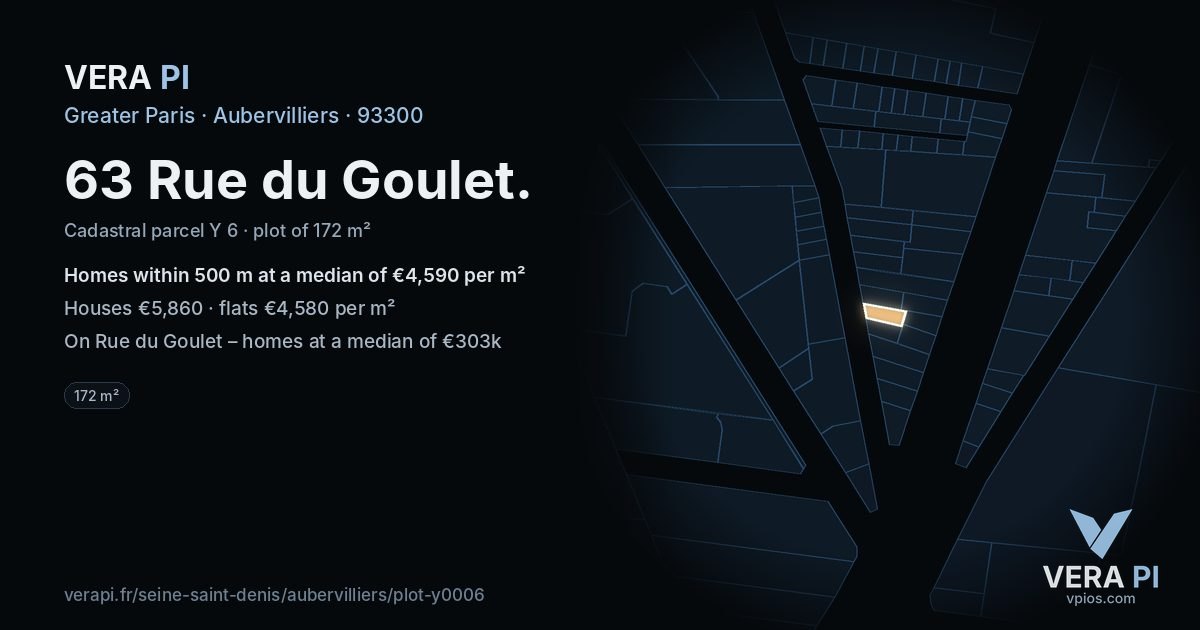 63 Rue du Goulet, Aubervilliers at night – the plot lit, the parcels around coloured by the prices near them