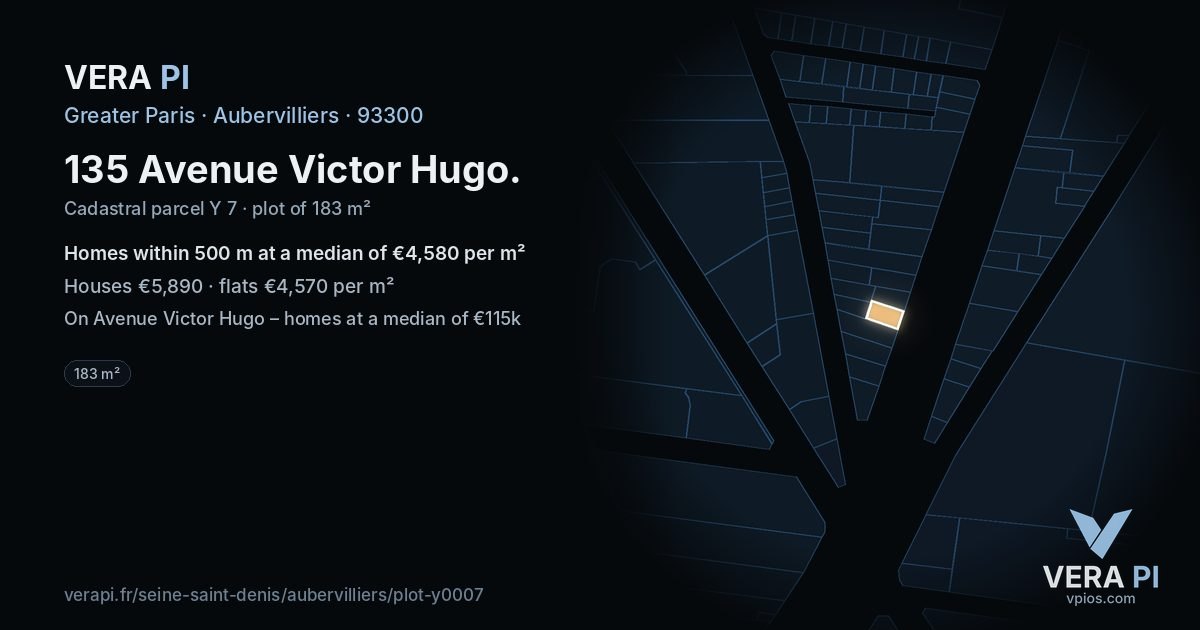 135 Avenue Victor Hugo, Aubervilliers at night – the plot lit, the parcels around coloured by the prices near them