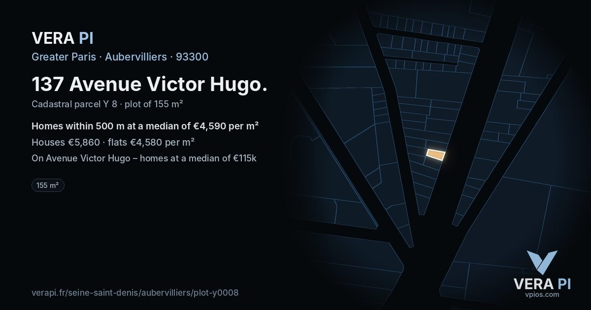 137 Avenue Victor Hugo, Aubervilliers at night – the plot lit, the parcels around coloured by the prices near them