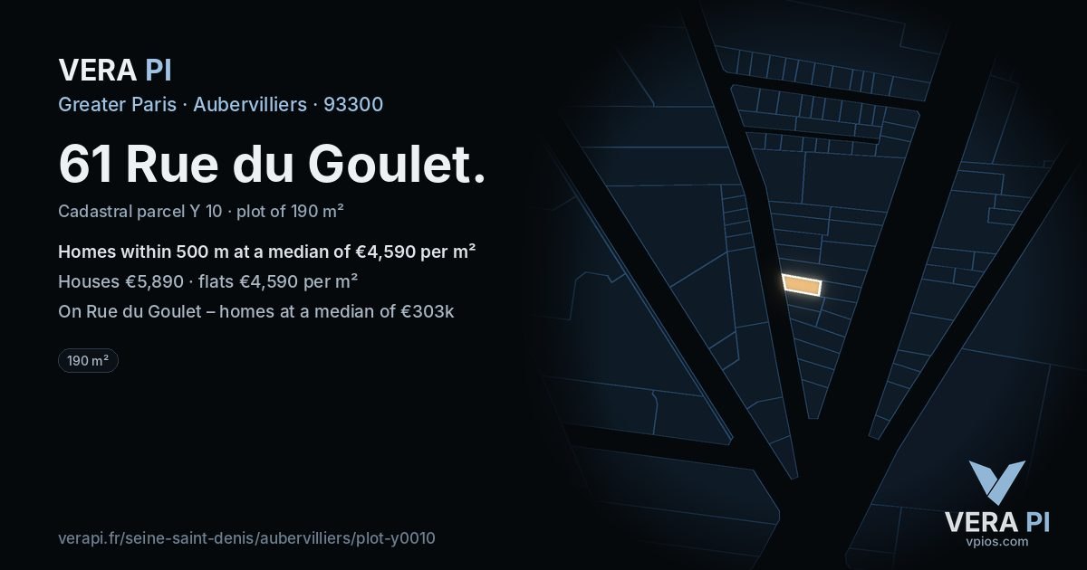 61 Rue du Goulet, Aubervilliers at night – the plot lit, the parcels around coloured by the prices near them