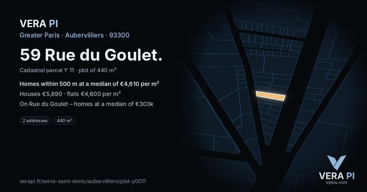 59 Rue du Goulet, Aubervilliers at night – the plot lit, the parcels around coloured by the prices near them