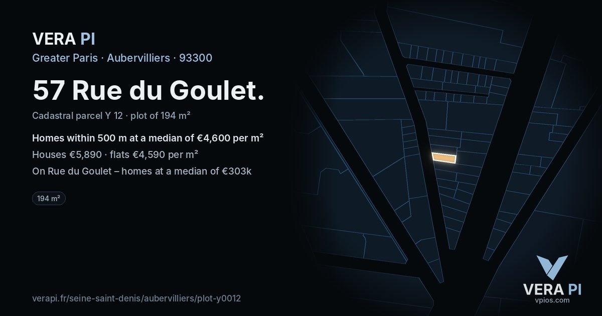 57 Rue du Goulet, Aubervilliers at night – the plot lit, the parcels around coloured by the prices near them