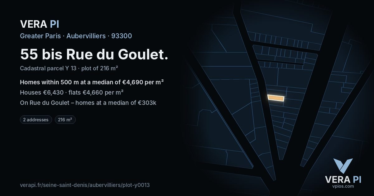 55 bis Rue du Goulet, Aubervilliers at night – the plot lit, the parcels around coloured by the prices near them