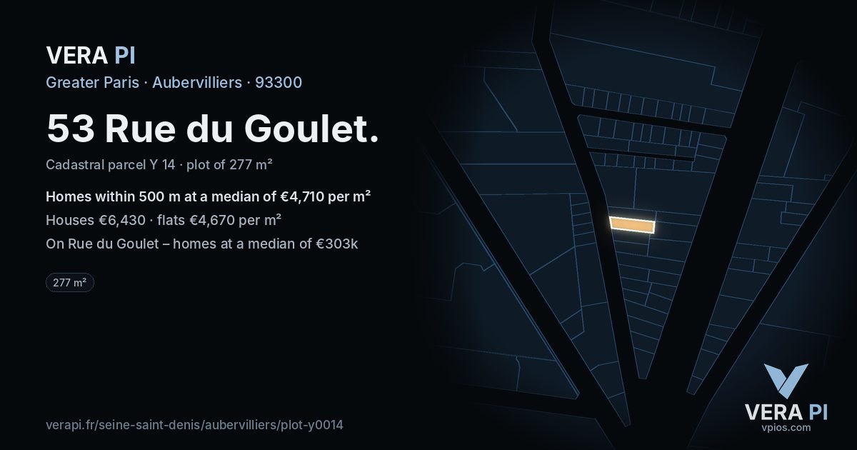 53 Rue du Goulet, Aubervilliers at night – the plot lit, the parcels around coloured by the prices near them