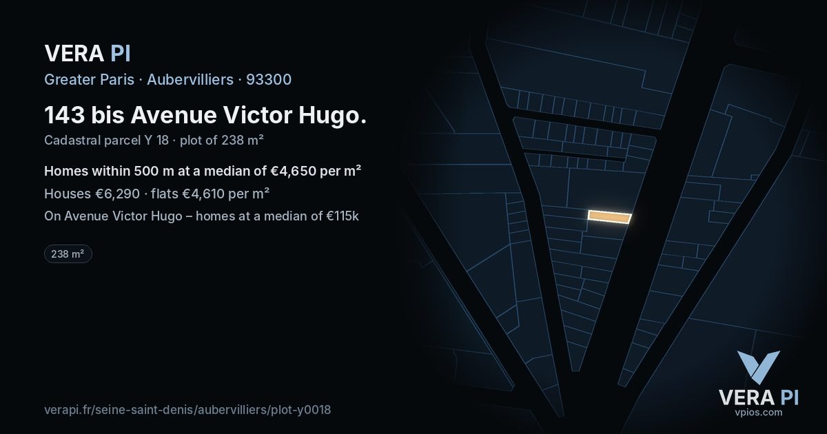 143 bis Avenue Victor Hugo, Aubervilliers at night – the plot lit, the parcels around coloured by the prices near them