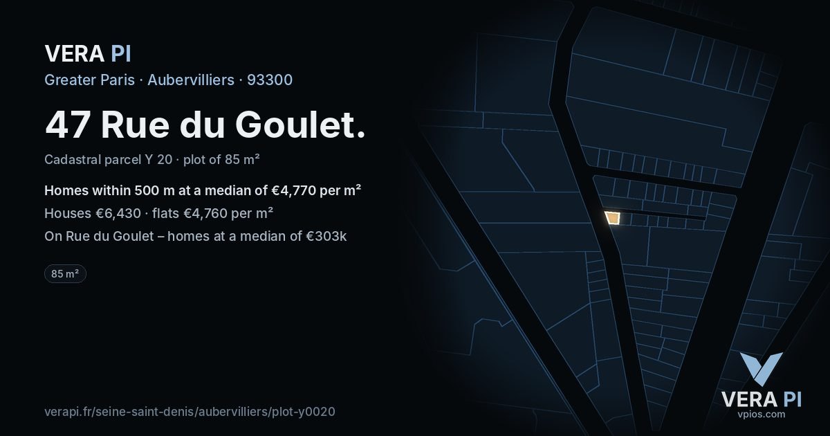 47 Rue du Goulet, Aubervilliers at night – the plot lit, the parcels around coloured by the prices near them