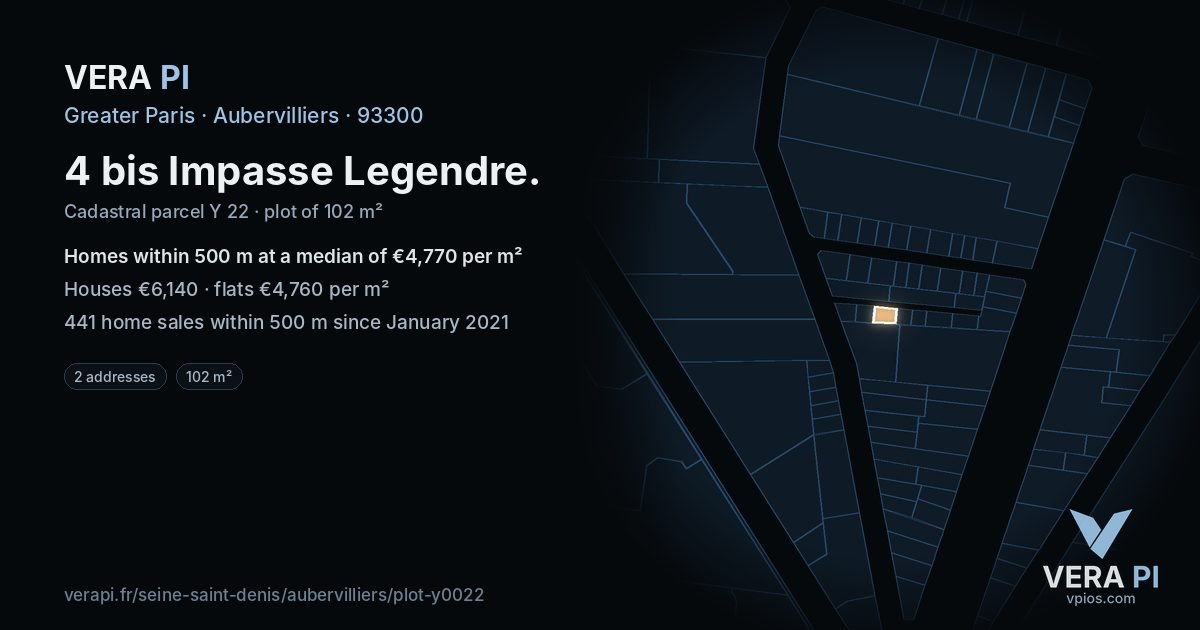 4 bis Impasse Legendre, Aubervilliers at night – the plot lit, the parcels around coloured by the prices near them