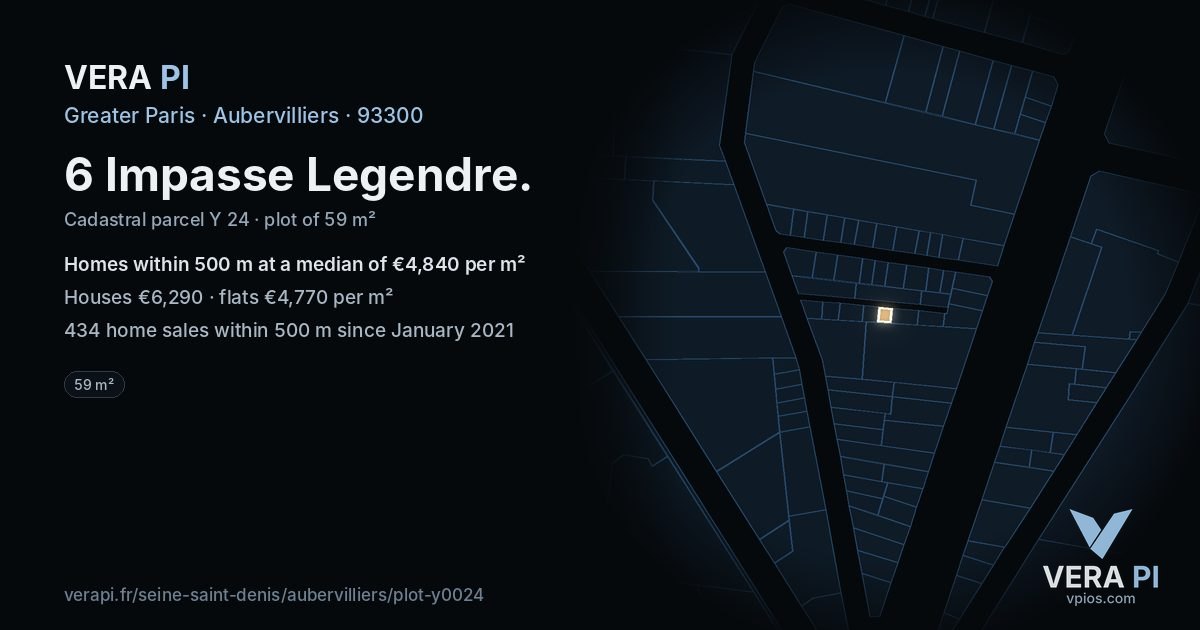 6 Impasse Legendre, Aubervilliers at night – the plot lit, the parcels around coloured by the prices near them