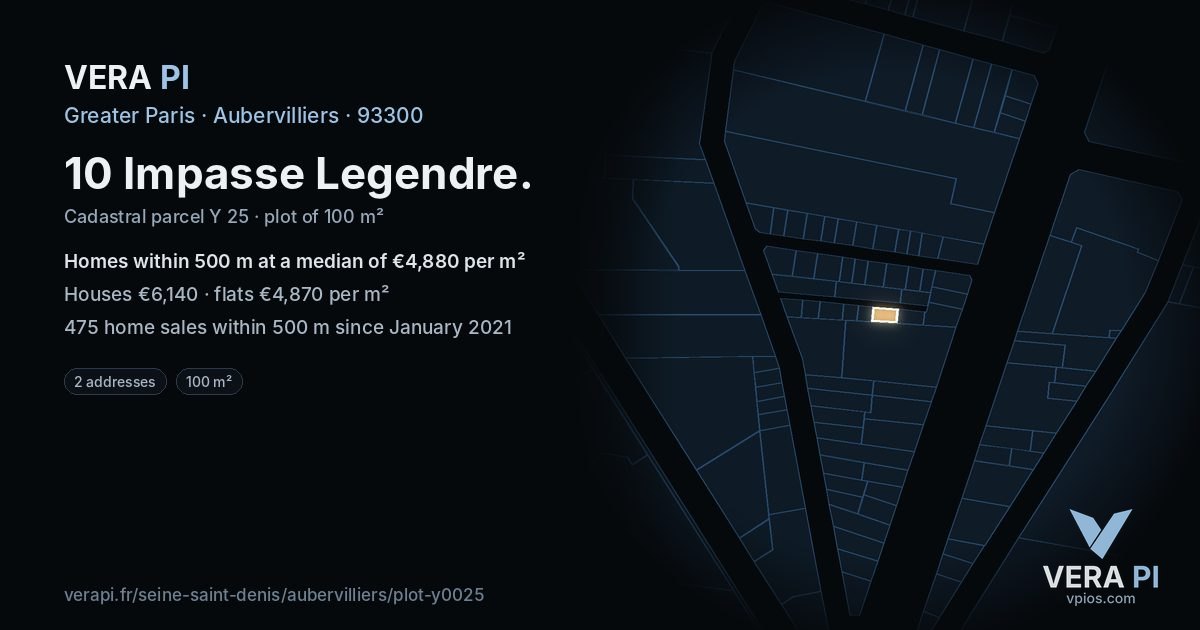 10 Impasse Legendre, Aubervilliers at night – the plot lit, the parcels around coloured by the prices near them