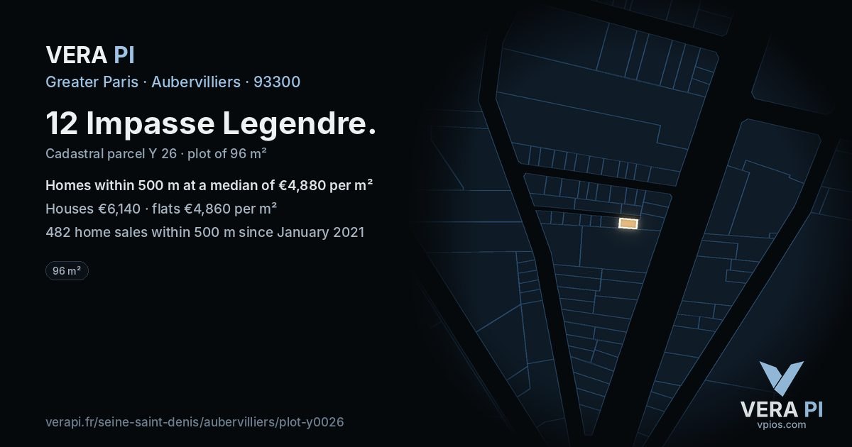 12 Impasse Legendre, Aubervilliers at night – the plot lit, the parcels around coloured by the prices near them
