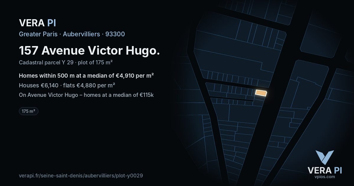 157 Avenue Victor Hugo, Aubervilliers at night – the plot lit, the parcels around coloured by the prices near them