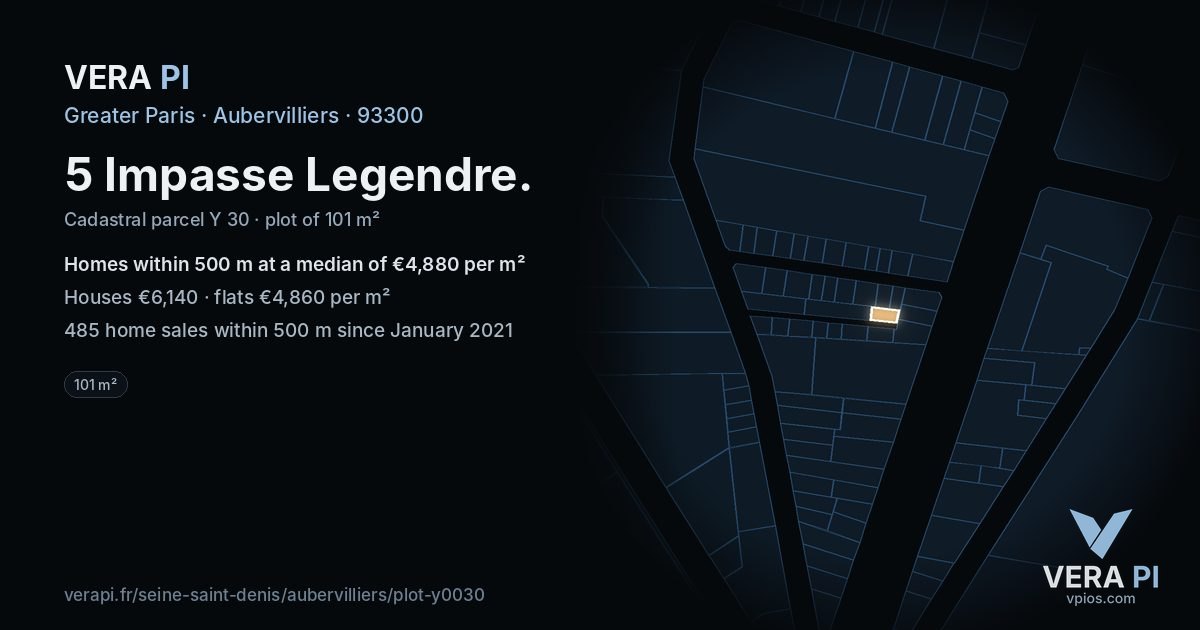 5 Impasse Legendre, Aubervilliers at night – the plot lit, the parcels around coloured by the prices near them