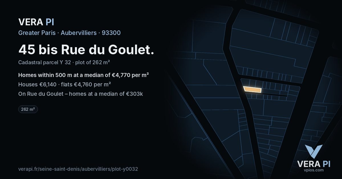 45 bis Rue du Goulet, Aubervilliers at night – the plot lit, the parcels around coloured by the prices near them