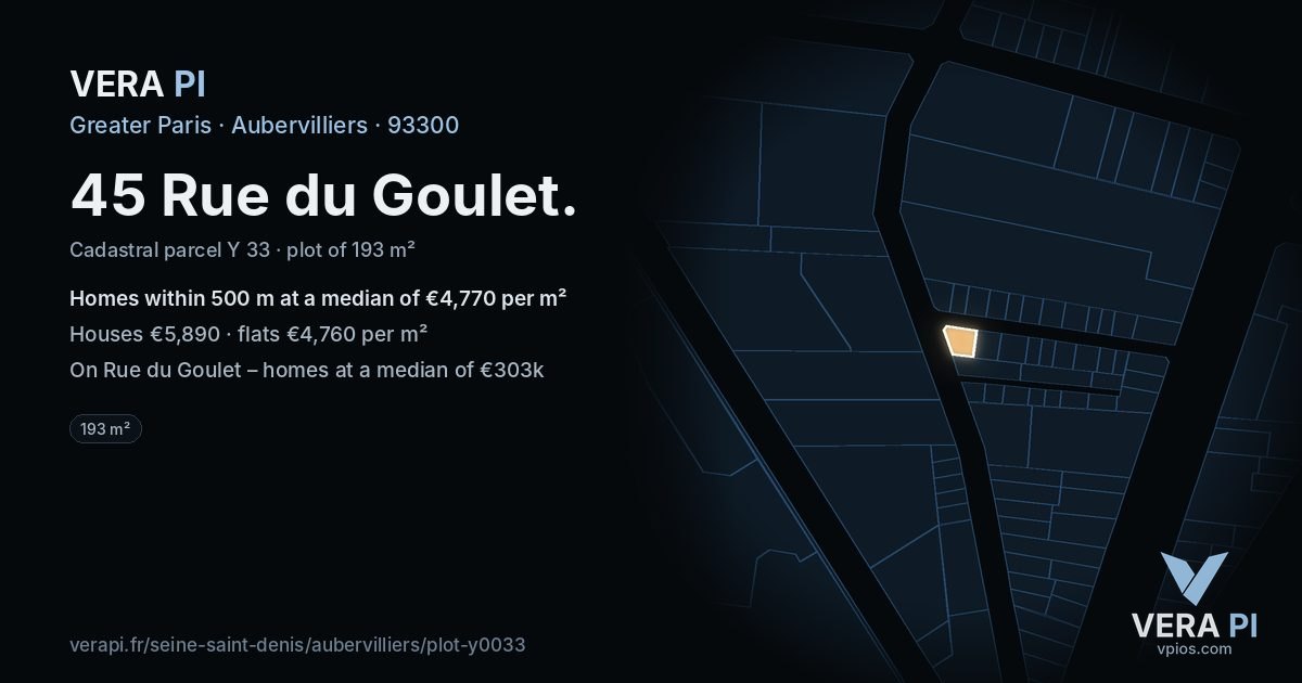 45 Rue du Goulet, Aubervilliers at night – the plot lit, the parcels around coloured by the prices near them