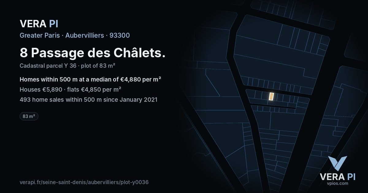 8 Passage des Châlets, Aubervilliers at night – the plot lit, the parcels around coloured by the prices near them
