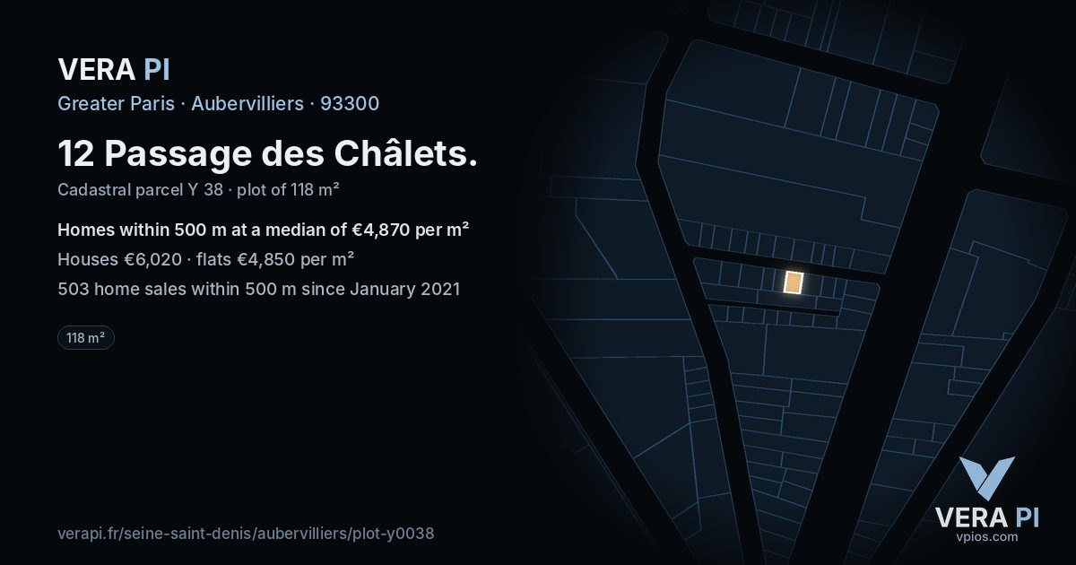 12 Passage des Châlets, Aubervilliers at night – the plot lit, the parcels around coloured by the prices near them