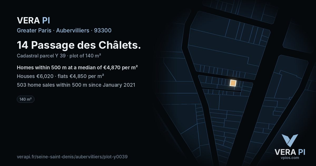 14 Passage des Châlets, Aubervilliers at night – the plot lit, the parcels around coloured by the prices near them