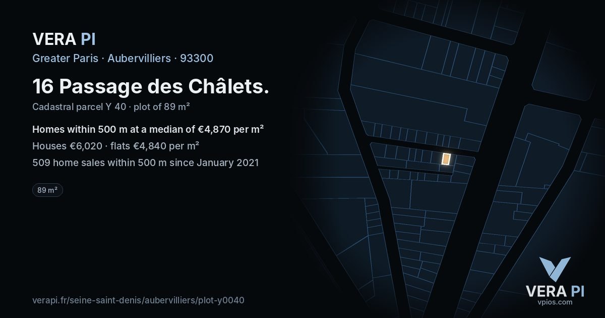 16 Passage des Châlets, Aubervilliers at night – the plot lit, the parcels around coloured by the prices near them