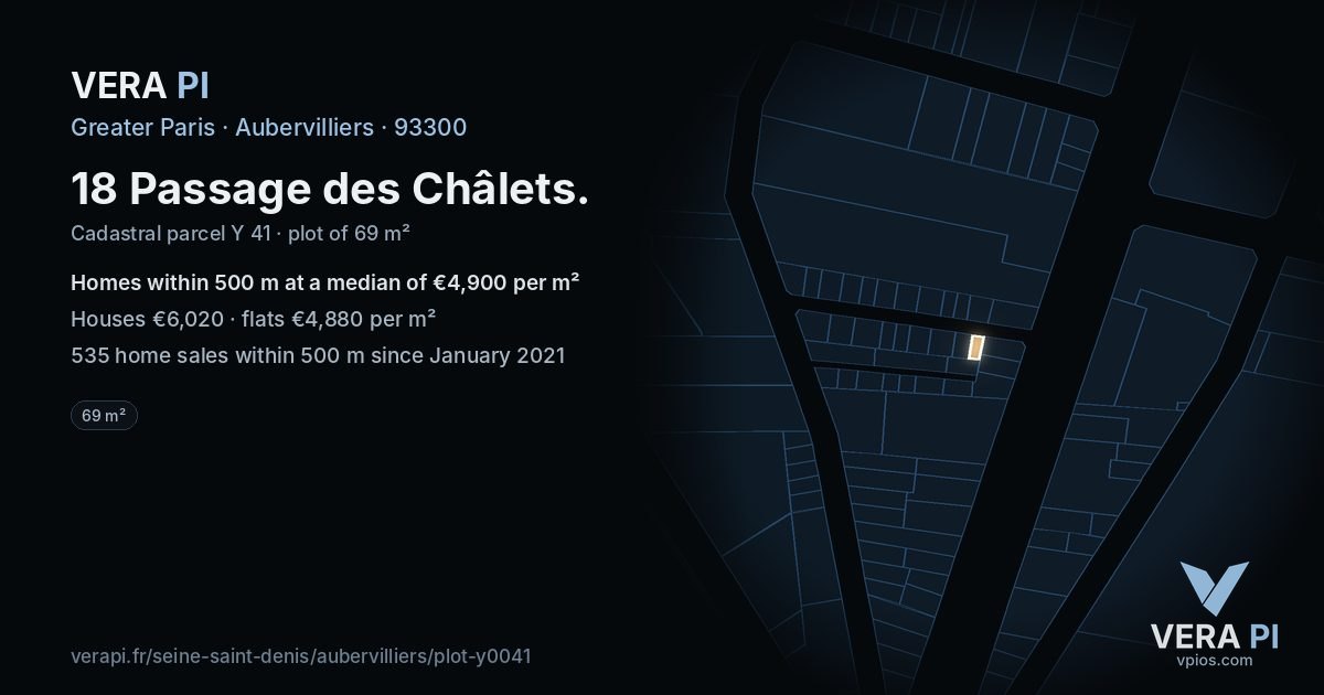 18 Passage des Châlets, Aubervilliers at night – the plot lit, the parcels around coloured by the prices near them